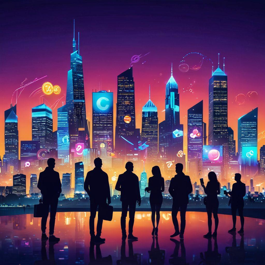 A futuristic city skyline at dusk, highlighting digital payment icons like credit cards and cryptocurrency symbols floating in the air. In the foreground, a diverse group of people joyfully using their mobile devices for transactions. A sleek ChronoPay logo subtly integrated into the urban backdrop. Bright neon colors and glowing effects to emphasize technology and innovation. cyberpunk. vibrant colors.