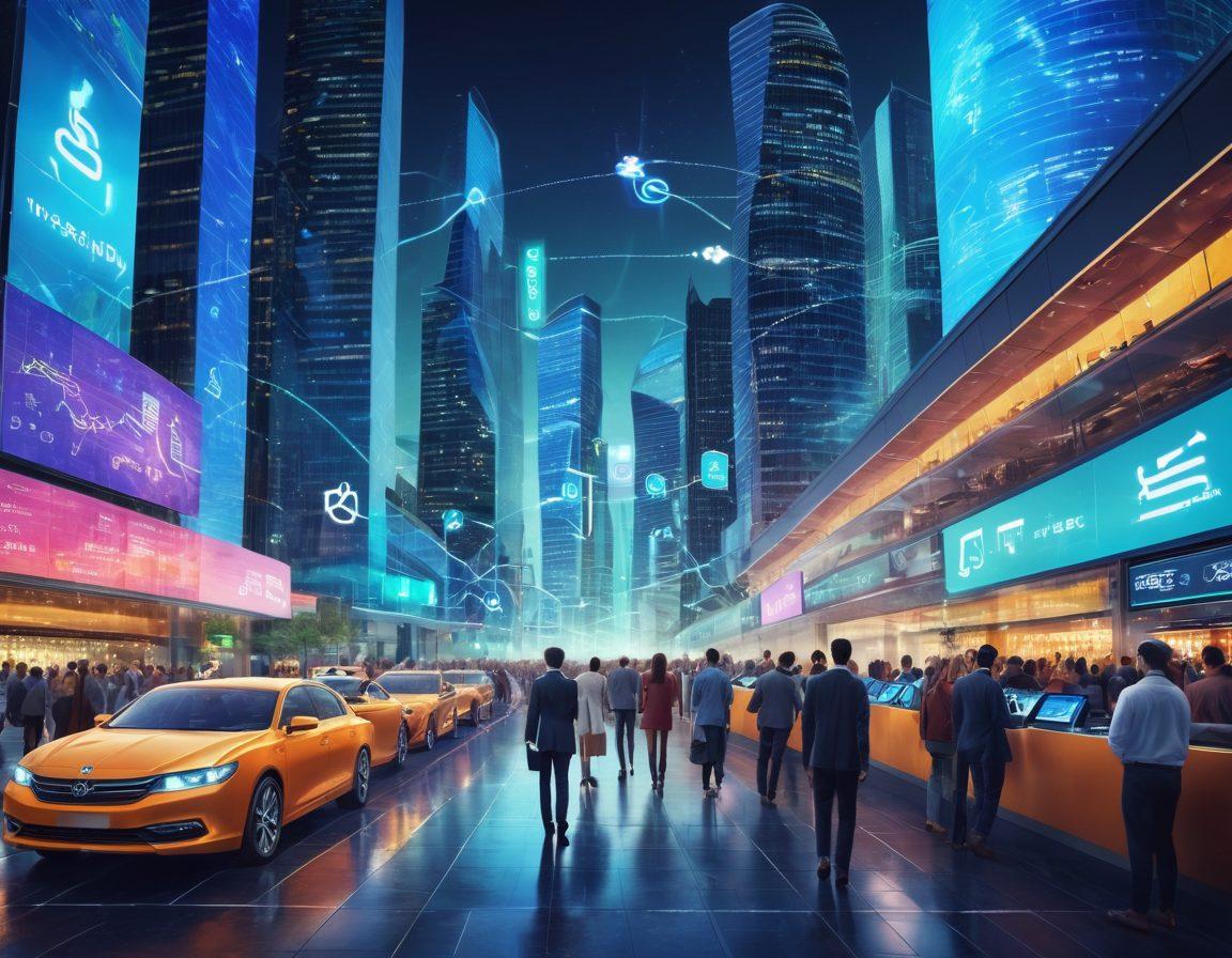 A dynamic and modern financial landscape featuring a digital payment interface with flowing money symbols, futuristic devices displaying payment transactions, and a diverse group of people engaging with technology. The background shows bustling city life symbolizing growth and innovation in financial services. super-realistic. vibrant colors. high-tech aesthetic.