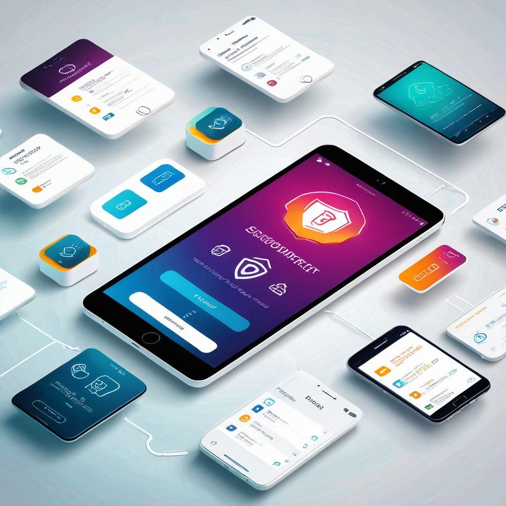 A modern digital marketplace showcasing various devices like smartphones and tablets displaying secure payment interfaces, with a timeline illustrating the evolution of ecommerce in the background. Include symbols of security such as locks and shields to emphasize safety and trust. Add fluid, dynamic elements representing seamless transactions flowing across the scene. The setting should be bright and futuristic, with vibrant colors. super-realistic. vibrant colors. white background.